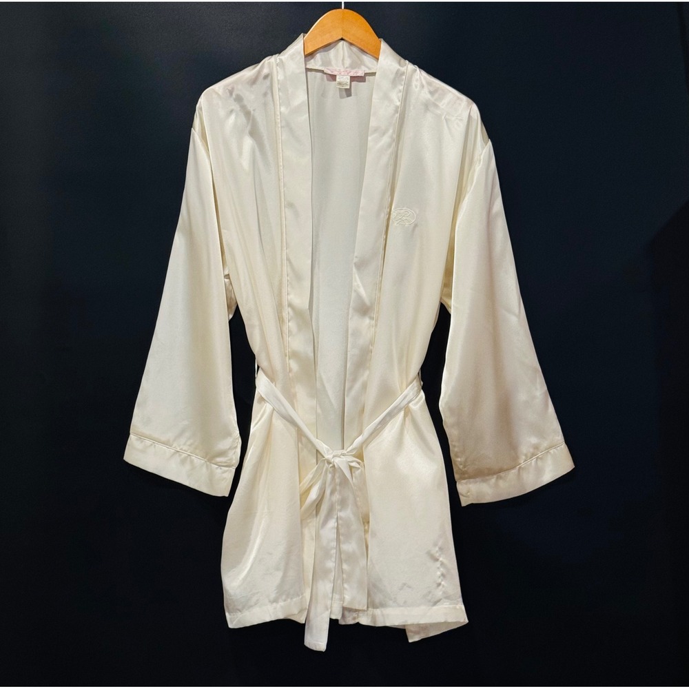 Oscar de la Renta Robe Women Large Cream Pink Label Satin Wrap Long Sleeve Luxe